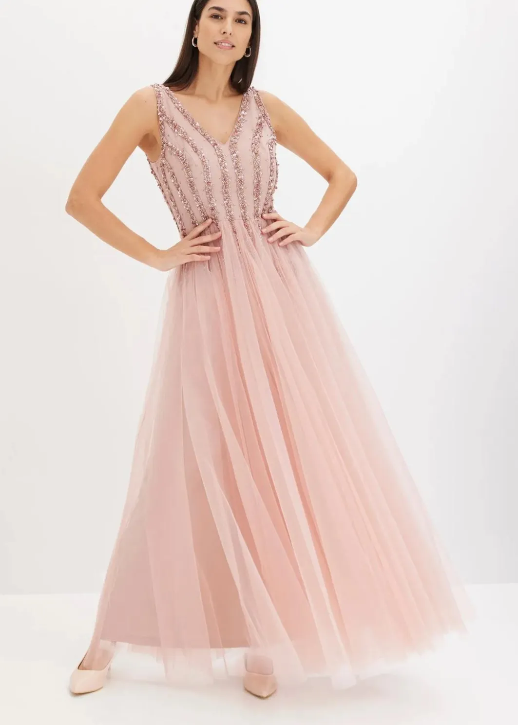 Outlet Maxikleid aus feinem Tüll mit Paillettenstickerei Damen Kleider|Festliche Mode