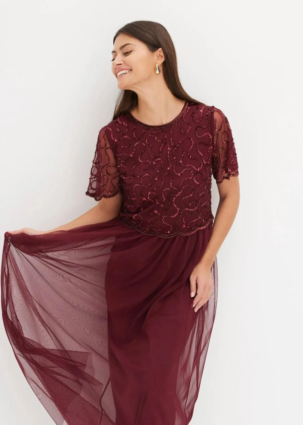 Damen bonprix Kleider|Festliche Mode|Maxikleid aus feinem Tüll mit Paillettenstickerei