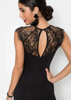 Damen bonprix Kleider|Festliche Mode|Maxikleid aus fester Scuba-Qualität mit Spitze
