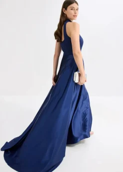 Maxikleid aus glänzendem Satin mit Spitze Damen Bekleidung·Pullover & Strickjacken|Festliche Mode