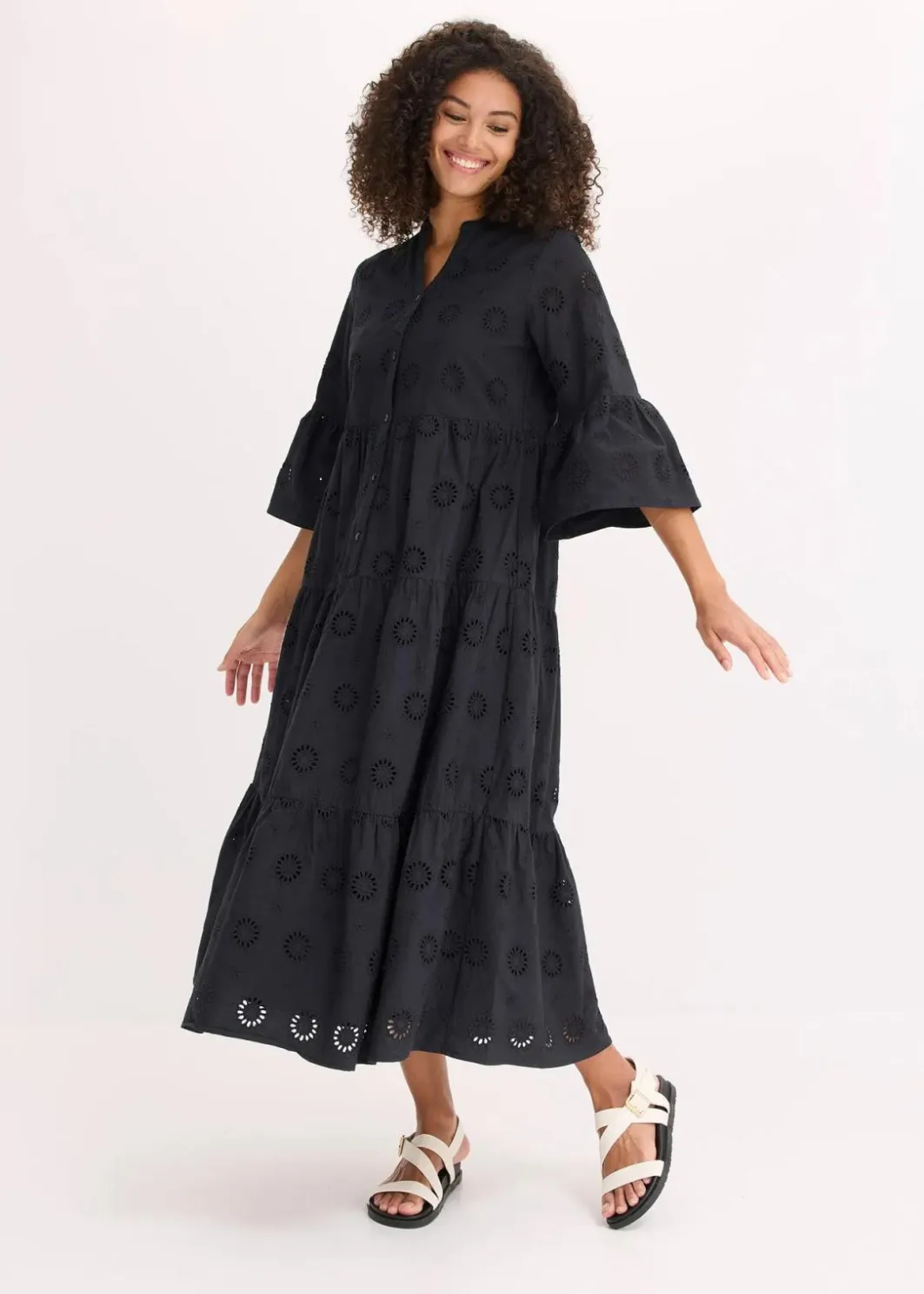 Damen bonprix Kleider|Maxikleid aus reiner Baumwolle mit Lochstickerei
