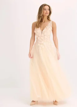 Damen bonprix Festliche Mode|Kleider|Maxikleid aus zartem Tüll mit Blumen-Applikation