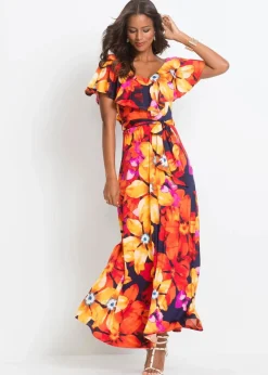 Damen bonprix Kleider|Maxikleid mit Volant und Gürtel