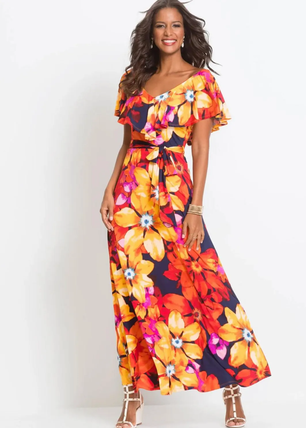 Damen bonprix Kleider|Maxikleid mit Volant und Gürtel