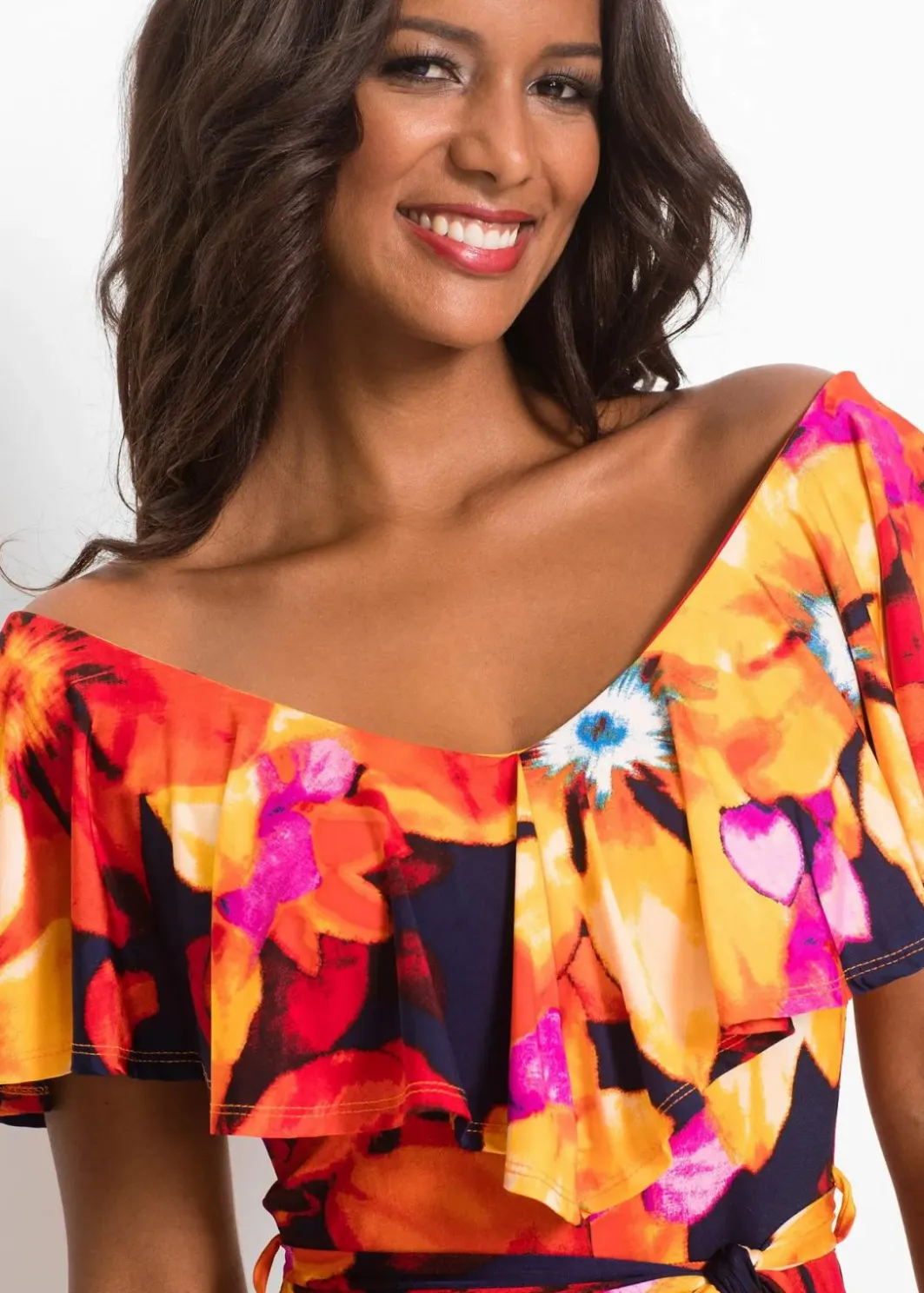 Damen bonprix Kleider|Maxikleid mit Volant und Gürtel