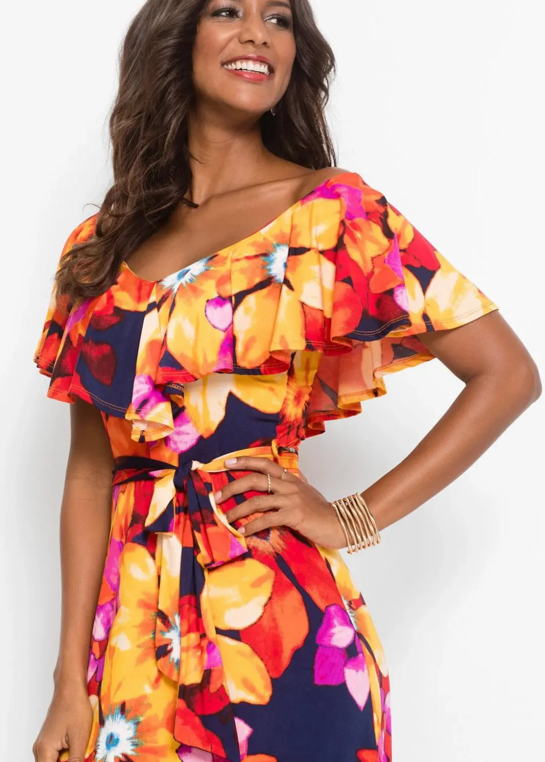 Damen bonprix Kleider|Maxikleid mit Volant und Gürtel