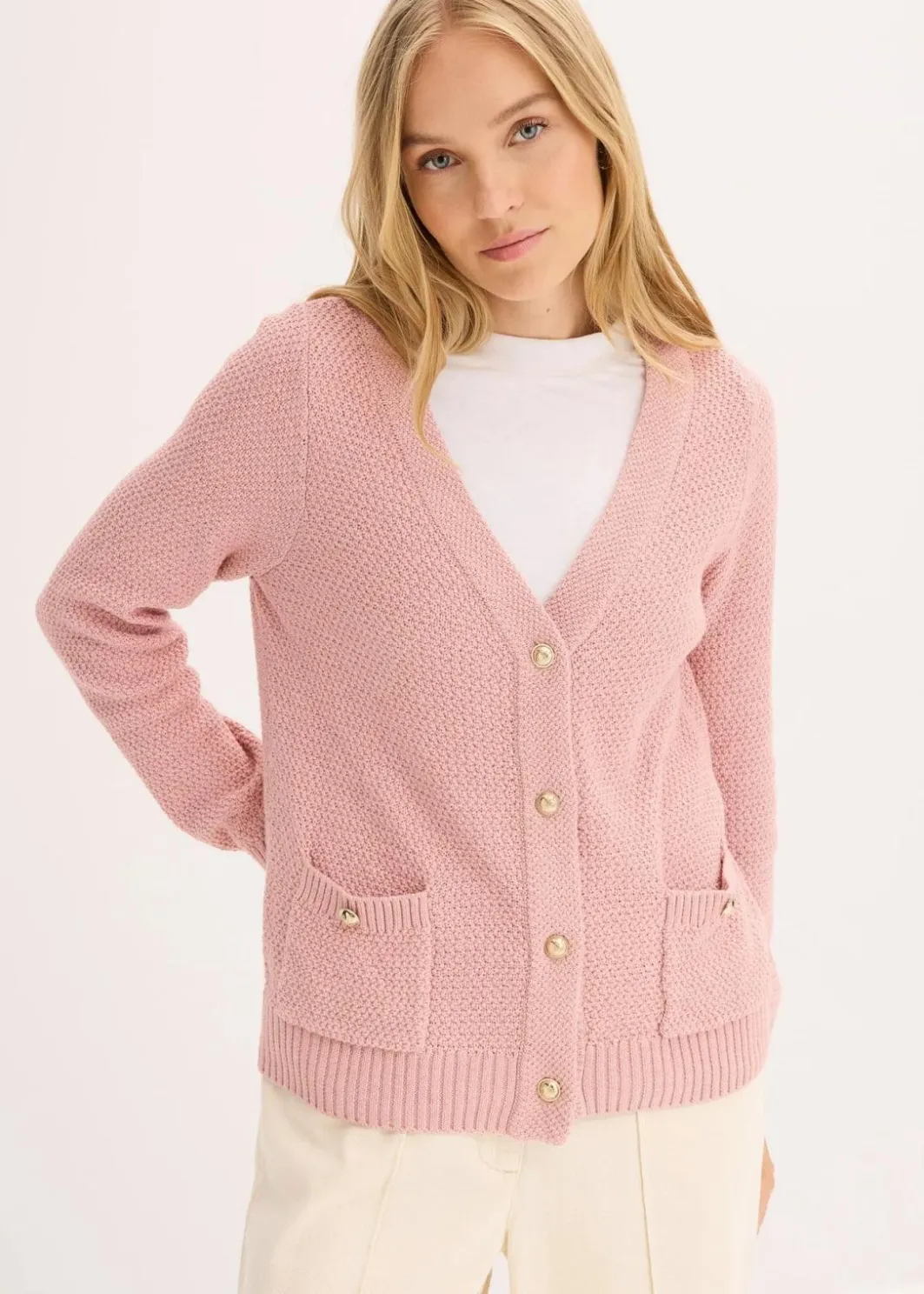 Damen bonprix Bekleidung·Umstandsmode|Pullover & Strickjacken|Melange Strickjacke mit goldfarbigen Knöpfen