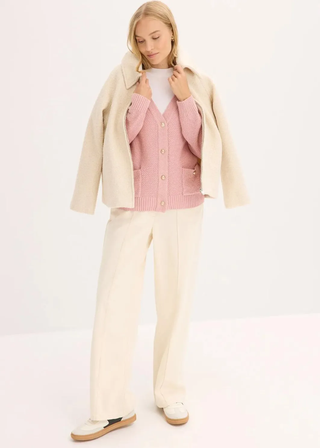 Damen bonprix Bekleidung·Umstandsmode|Pullover & Strickjacken|Melange Strickjacke mit goldfarbigen Knöpfen