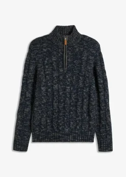 Herren bonprix Große Größen|Pullover & Strickjacken|Melierter Troyer-Pullover mit Zopfmuster