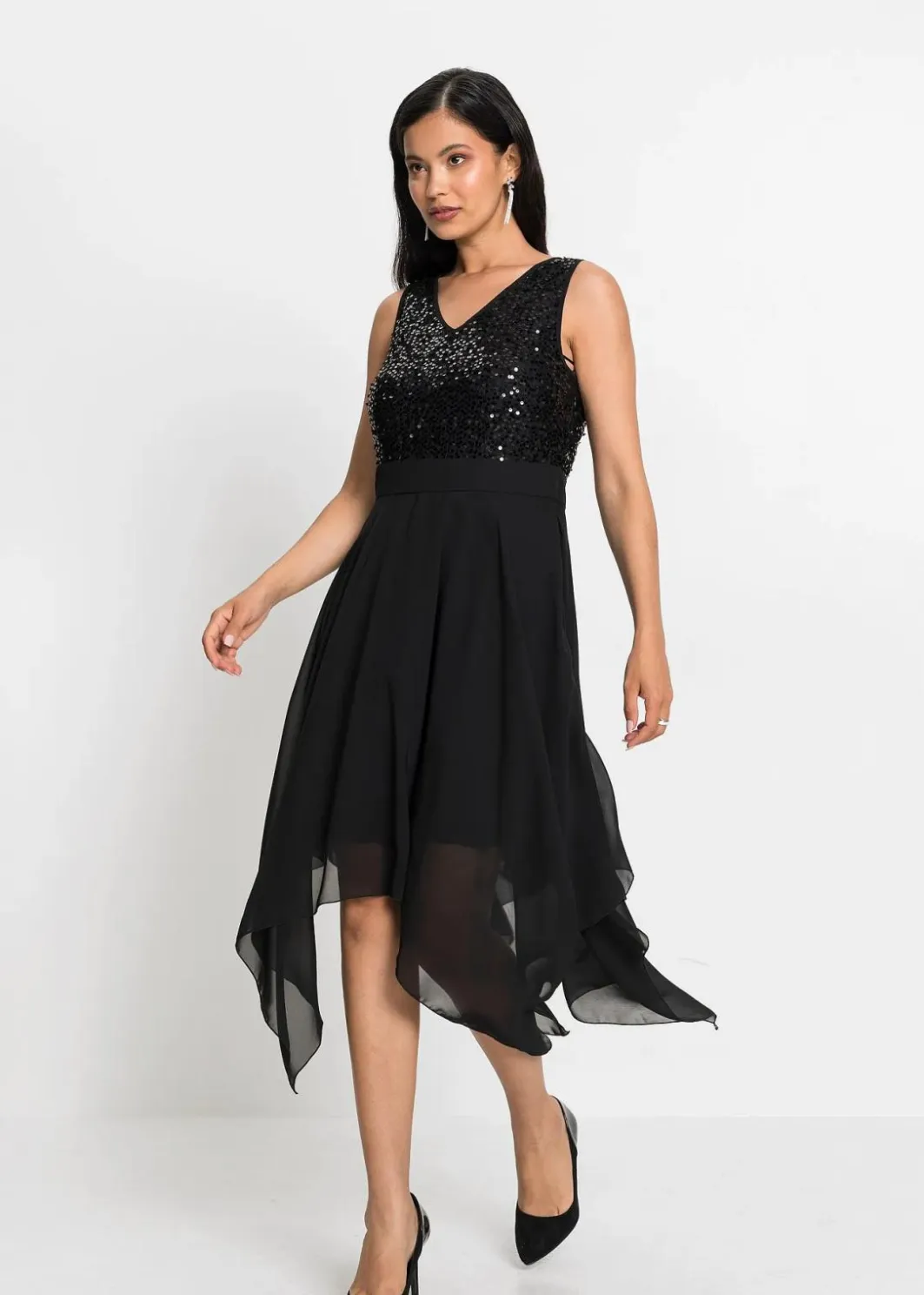 Midikleid aus feinem Chiffon mit Pailletten Damen Kurzgrößen|Bekleidung·Pullover & Strickjacken