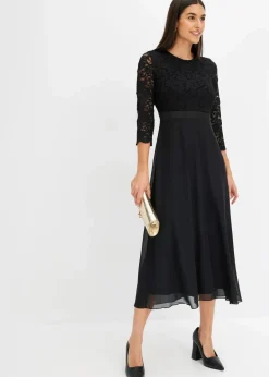 Damen bonprix Kleider|Festliche Mode|Midikleid aus leichtem Chiffon mit Spitzen-Oberteil