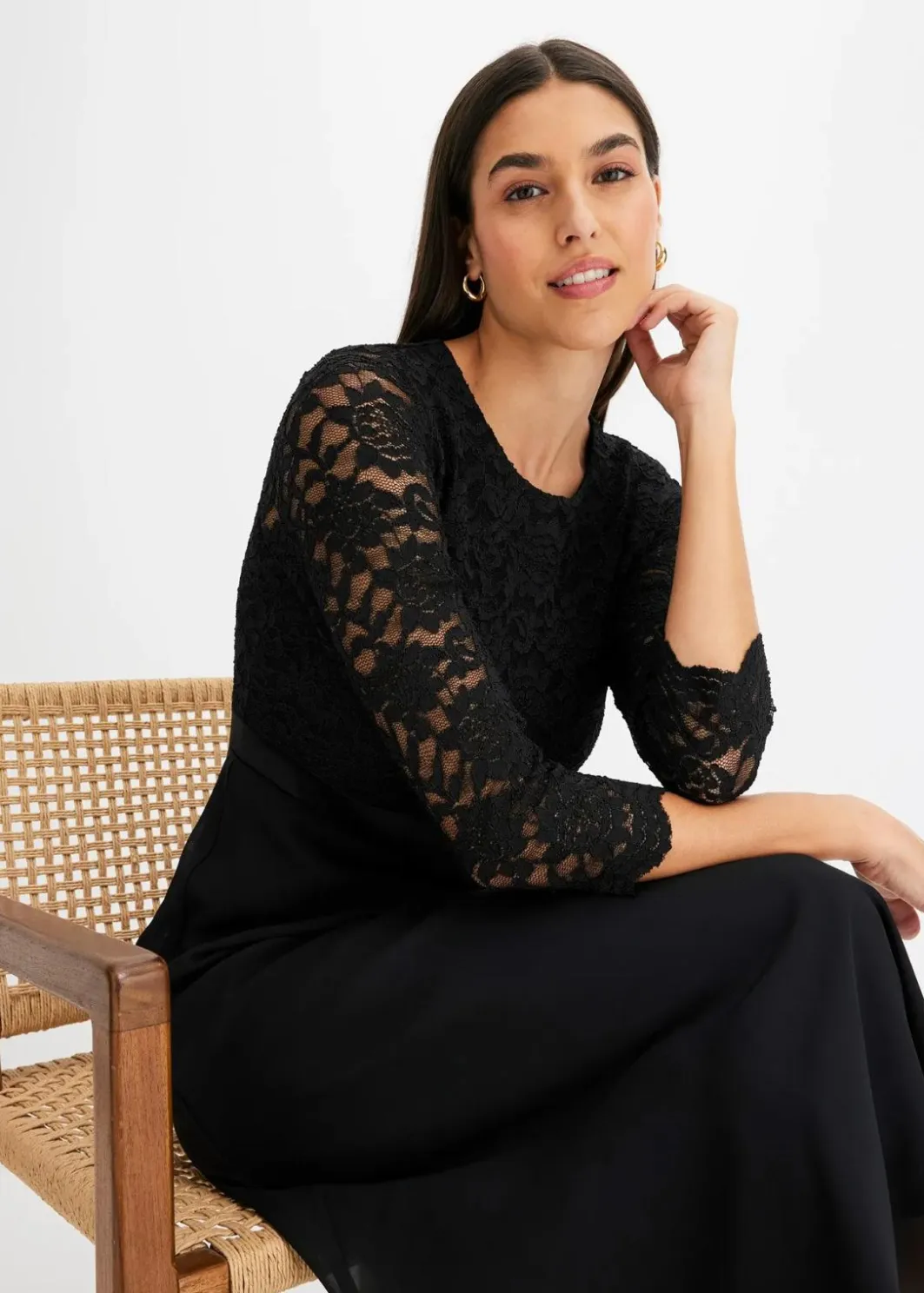 Damen bonprix Kleider|Festliche Mode|Midikleid aus leichtem Chiffon mit Spitzen-Oberteil
