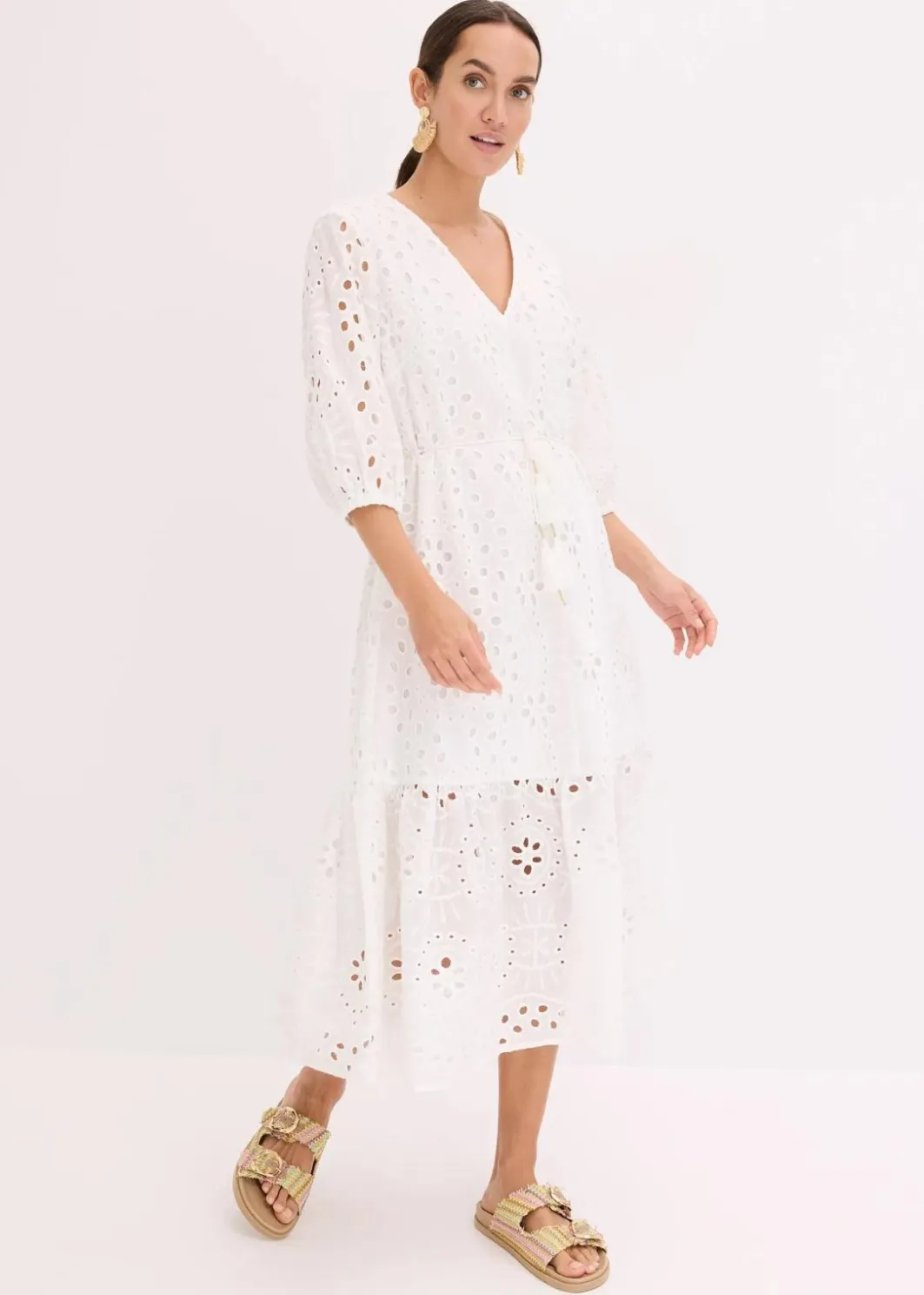 Damen bonprix Kleider|Midikleid aus reiner Baumwolle mit Lochstickerei