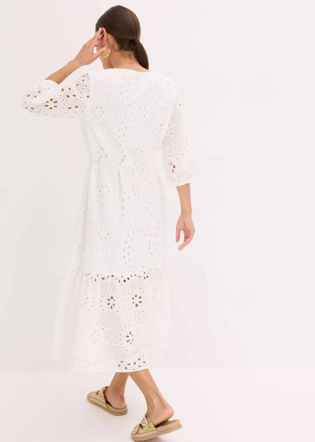 Damen bonprix Kleider|Midikleid aus reiner Baumwolle mit Lochstickerei