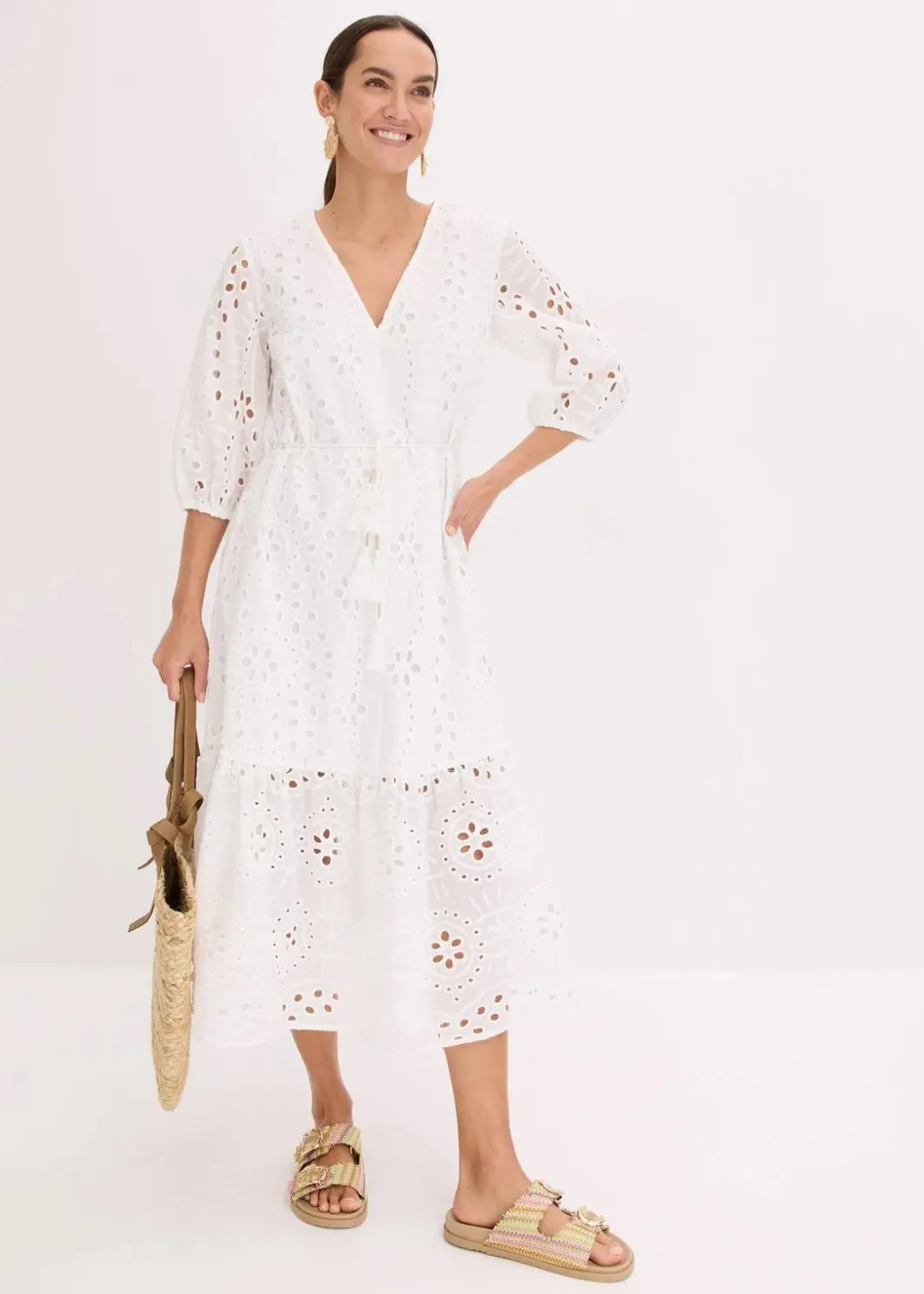 Damen bonprix Kleider|Midikleid aus reiner Baumwolle mit Lochstickerei