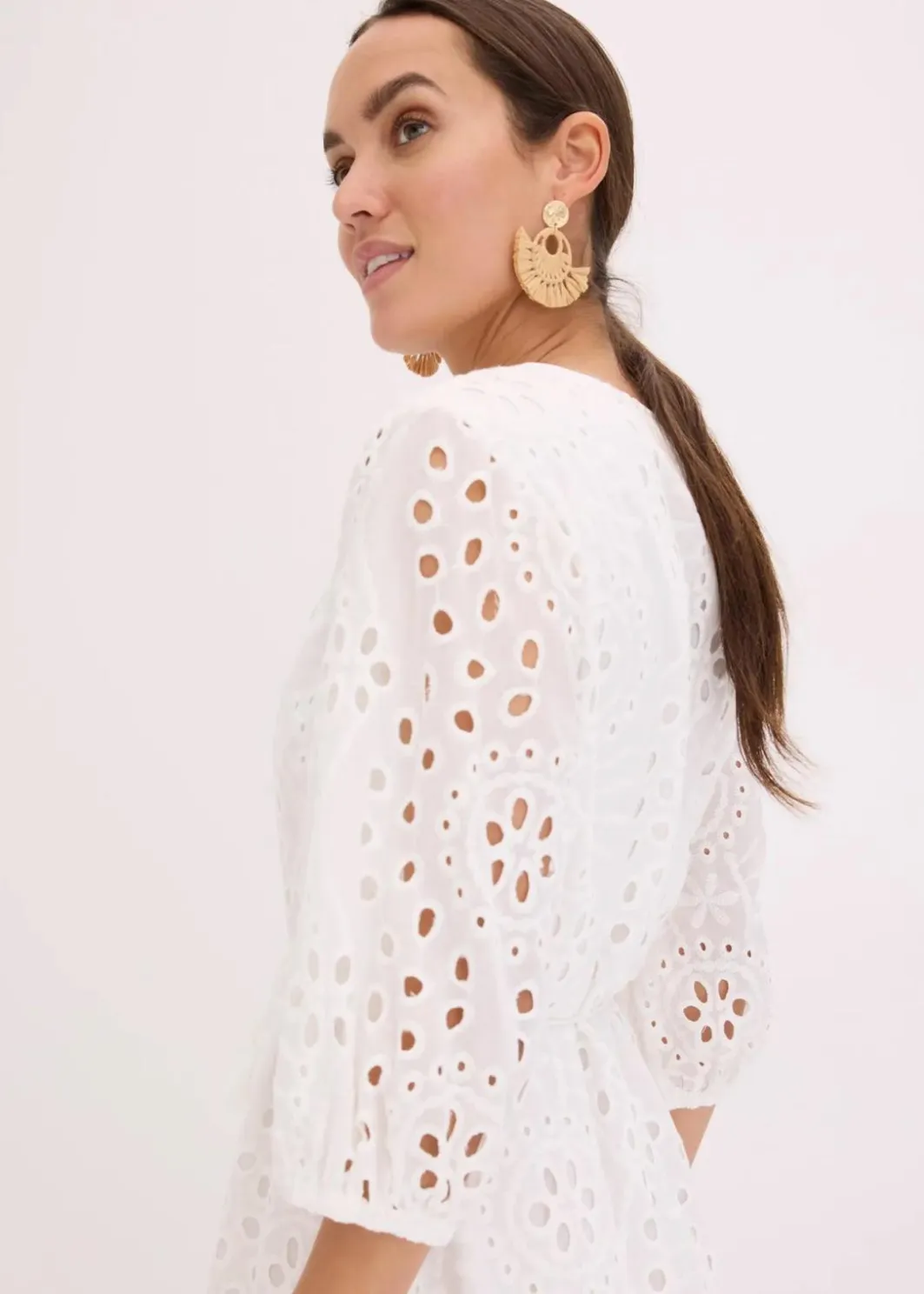 Damen bonprix Kleider|Midikleid aus reiner Baumwolle mit Lochstickerei