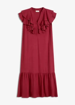 Damen bonprix Kleider|Bekleidung·Pullover & Strickjacken|Midikleid mit Volants aus strukturiertem Crêpe