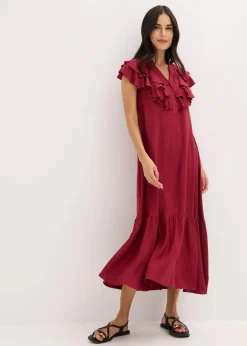 Damen bonprix Kleider|Bekleidung·Pullover & Strickjacken|Midikleid mit Volants aus strukturiertem Crêpe