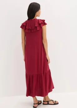 Damen bonprix Kleider|Bekleidung·Pullover & Strickjacken|Midikleid mit Volants aus strukturiertem Crêpe