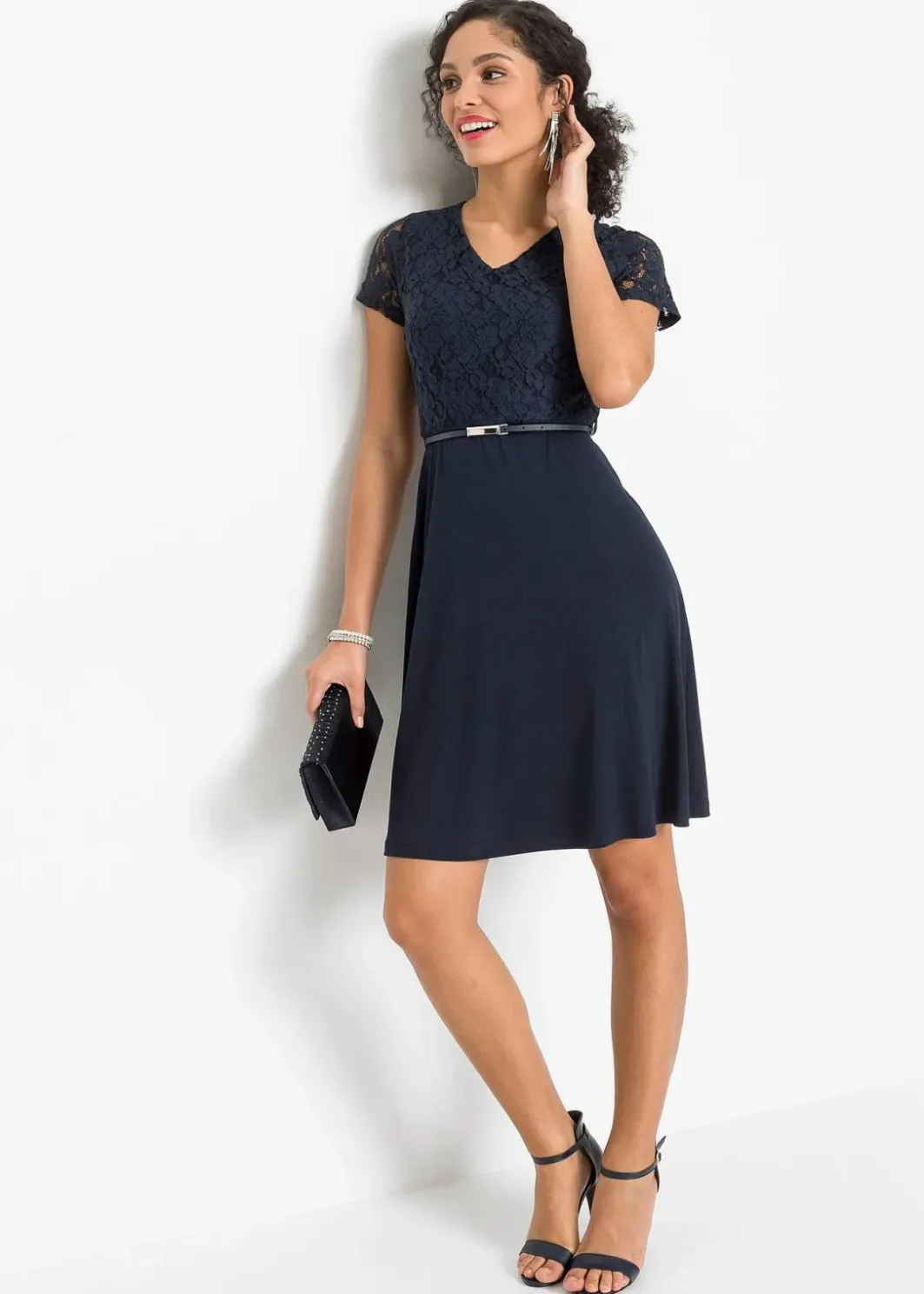 Damen bonprix Festliche Mode|Kleider|Minikleid mit Spitze und Gürtel