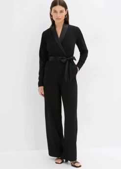 Damen bonprix Bekleidung·Homewear|Festliche Mode|Overall aus strukturiertem Crepe mit Satin-Einsatz