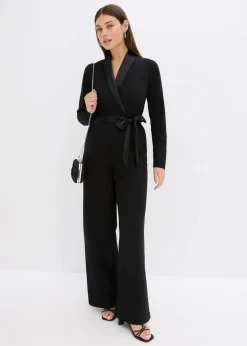 Damen bonprix Bekleidung·Homewear|Festliche Mode|Overall aus strukturiertem Crepe mit Satin-Einsatz