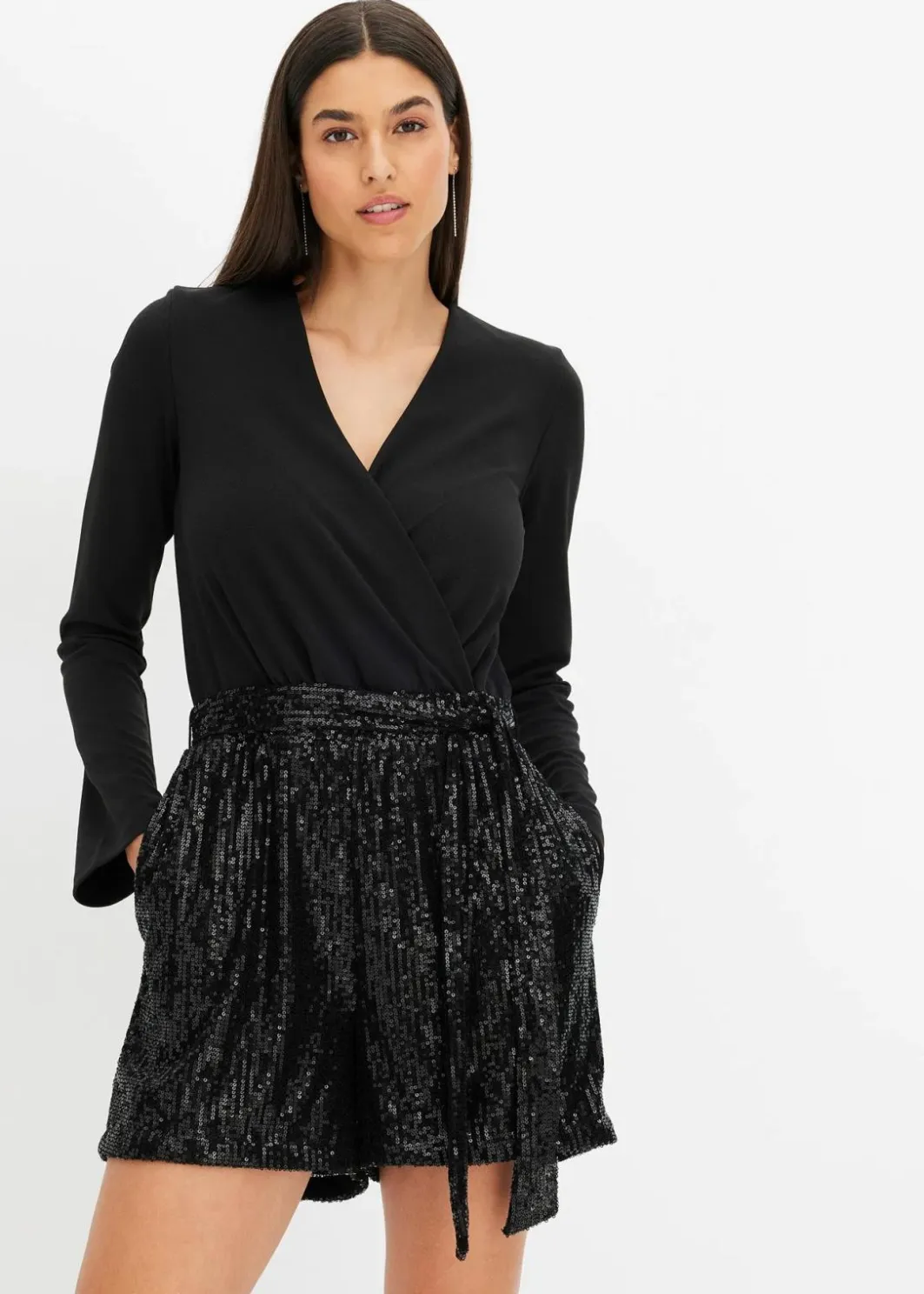 Damen bonprix Kurzgrößen|Jumpsuits|Overall mit Pailletten