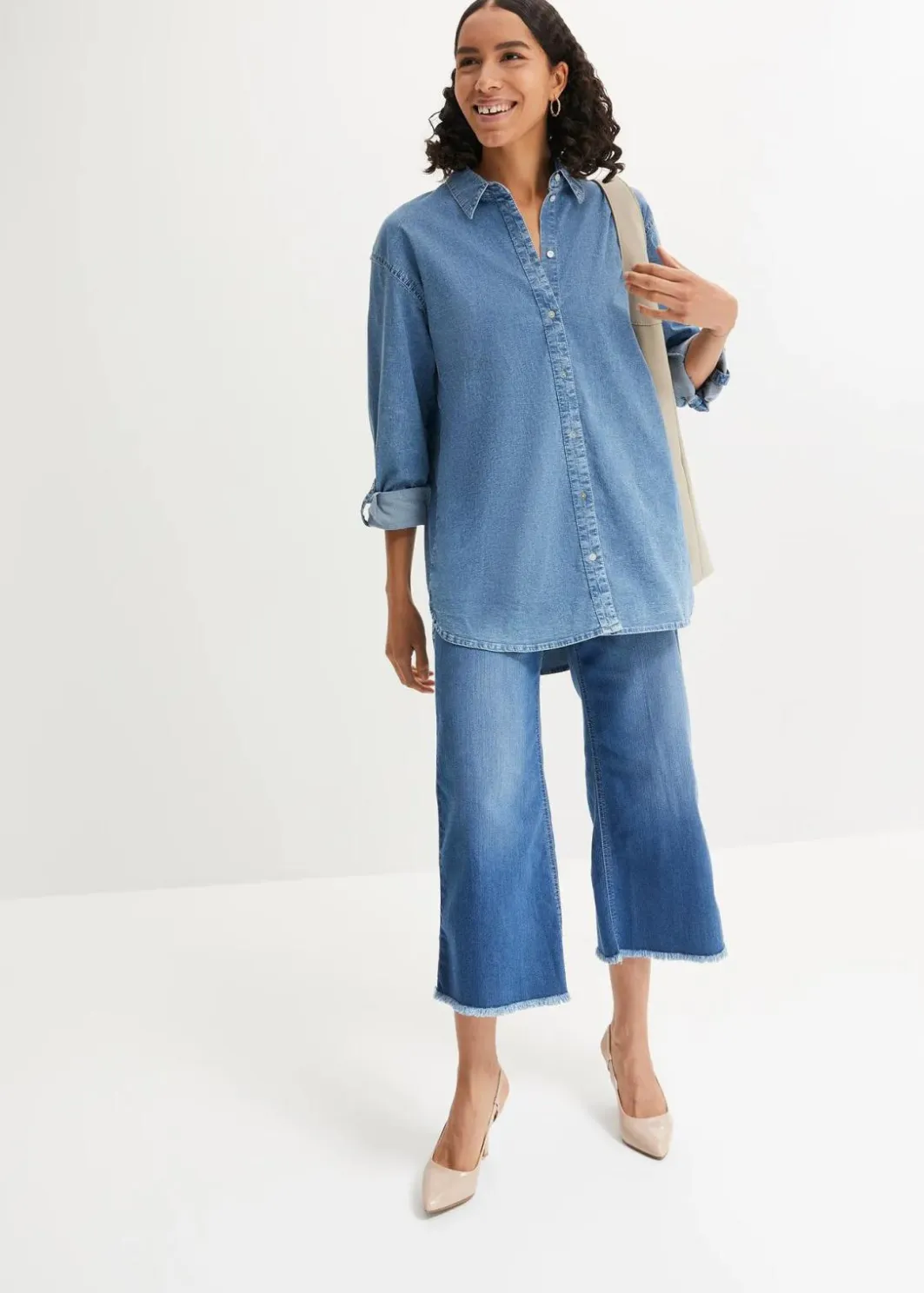 Damen bonprix Blusen & Tuniken|Nachhaltigere Materialien|Oversize Stretch-Jeansbluse