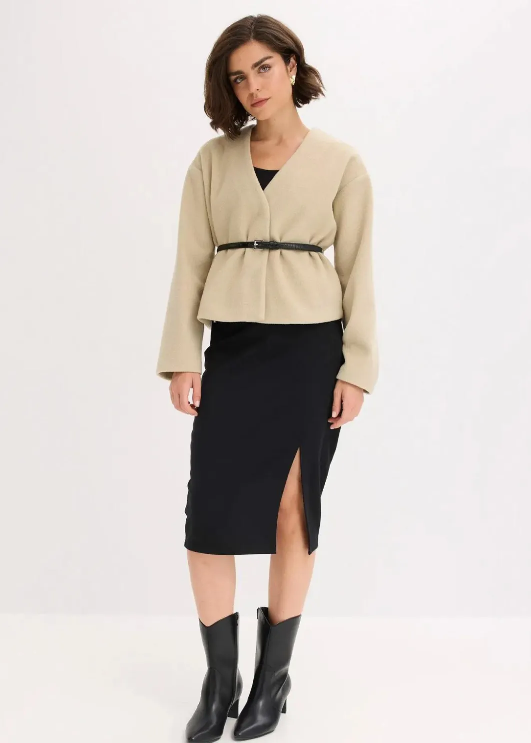 Damen bonprix Blazer|Bekleidung·Basics|Oversized Blazer mit Gürtel in Wolloptik, ungefüttert