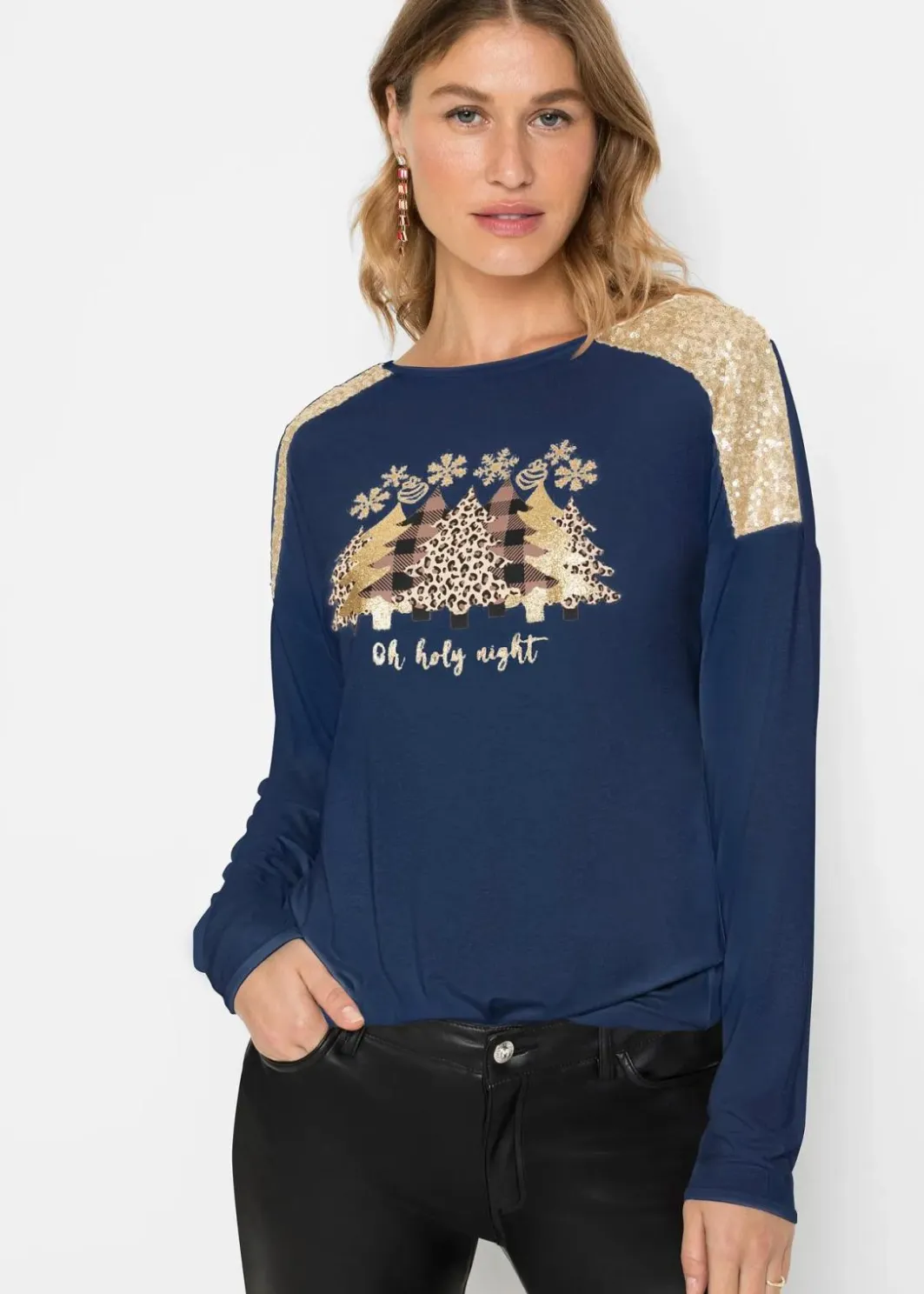 Discount Oversize-Shirt mit Weihnachtsmotiv und schönen Pailletten Damen Shirts & Tops