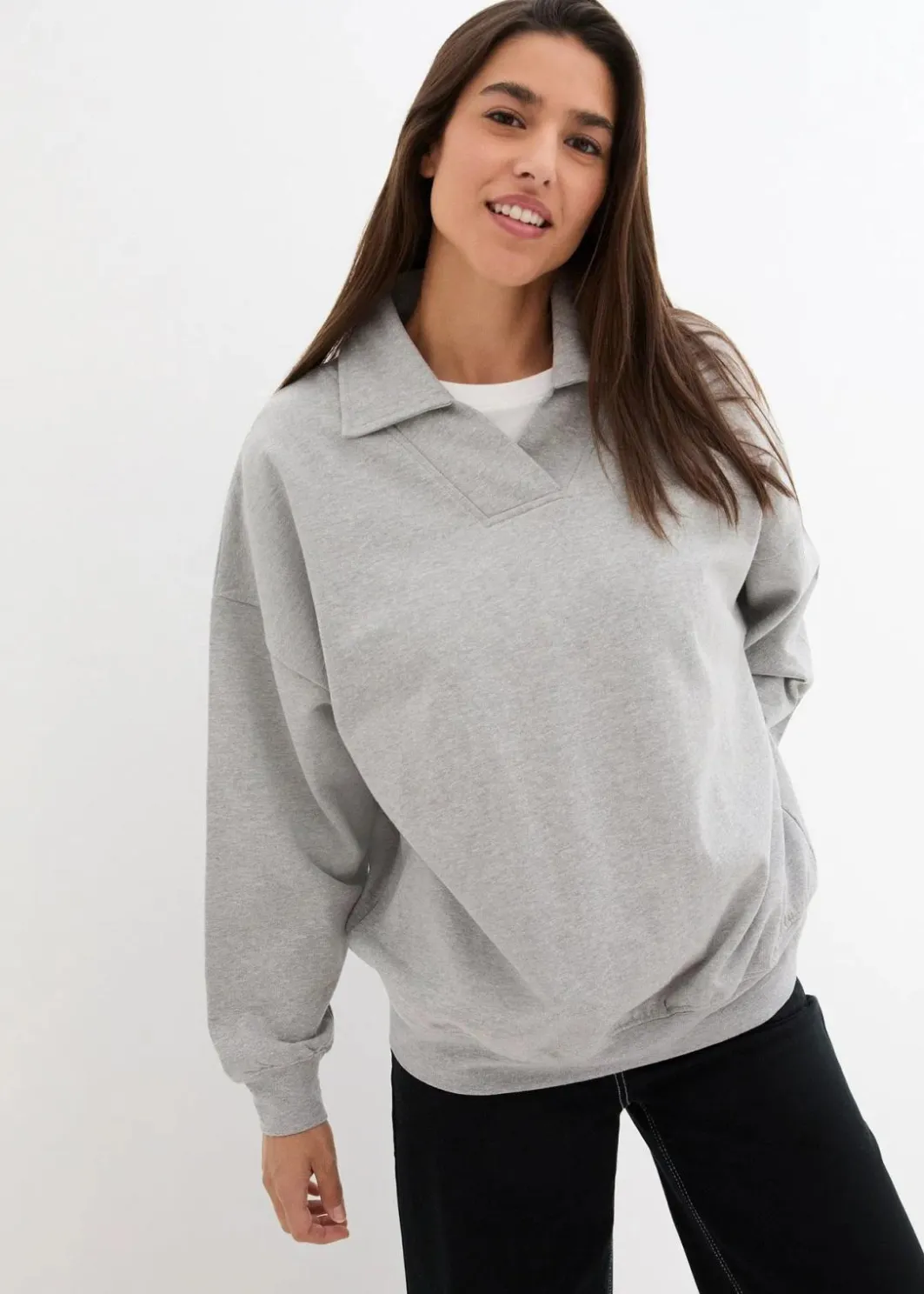 Hot Oversize-Sweatshirt mit V-Ausschnitt und Polokragen Damen Sweat|Nachhaltigere Materialien