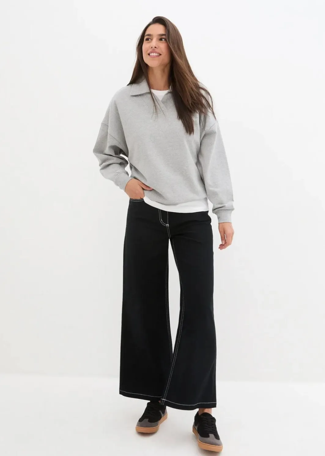 Hot Oversize-Sweatshirt mit V-Ausschnitt und Polokragen Damen Sweat|Nachhaltigere Materialien