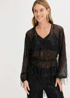Pailletten-Bluse mit Fransen Damen Bekleidung·Jacken & Mäntel|Blusen & Tuniken