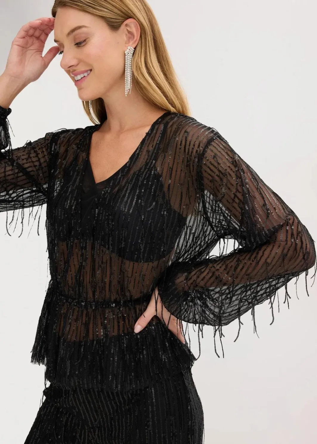 Pailletten-Bluse mit Fransen Damen Bekleidung·Jacken & Mäntel|Blusen & Tuniken