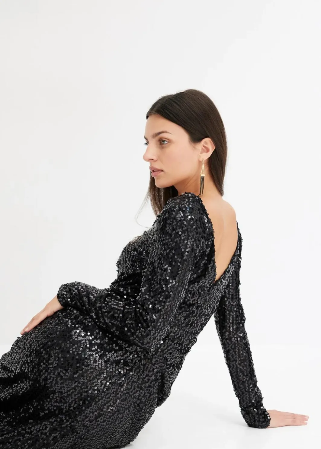 Damen bonprix Kurzgrößen|Kurzgrößen|Paillettenkleid mit Drapierung