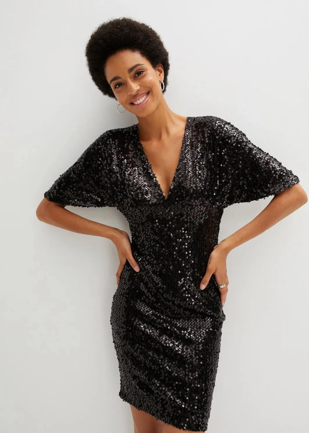 Damen bonprix Kurzgrößen|Kurzgrößen|Paillettenkleid mit tiefem Ausschnitt