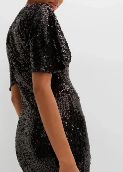 Damen bonprix Kurzgrößen|Kurzgrößen|Paillettenkleid mit tiefem Ausschnitt