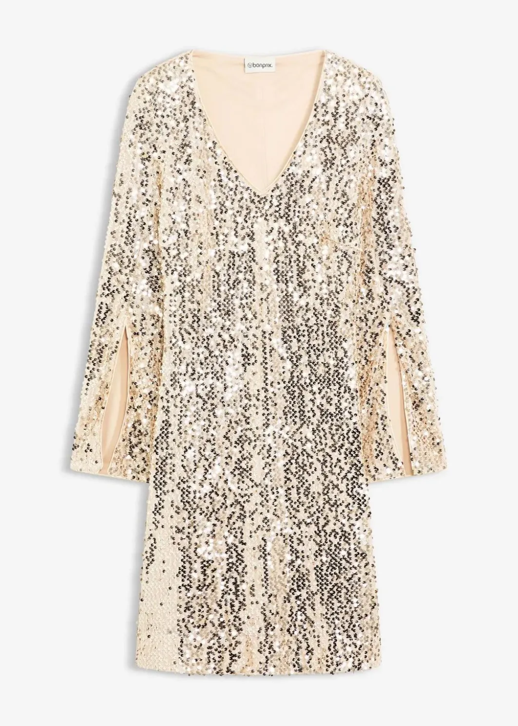 Damen bonprix Kleider|Kurzgrößen|Paillettenkleid mit Trompeten-Ärmel