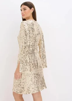 Damen bonprix Kleider|Kurzgrößen|Paillettenkleid mit Trompeten-Ärmel