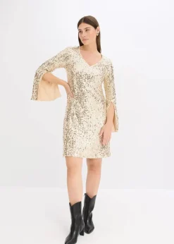 Damen bonprix Kleider|Kurzgrößen|Paillettenkleid mit Trompeten-Ärmel