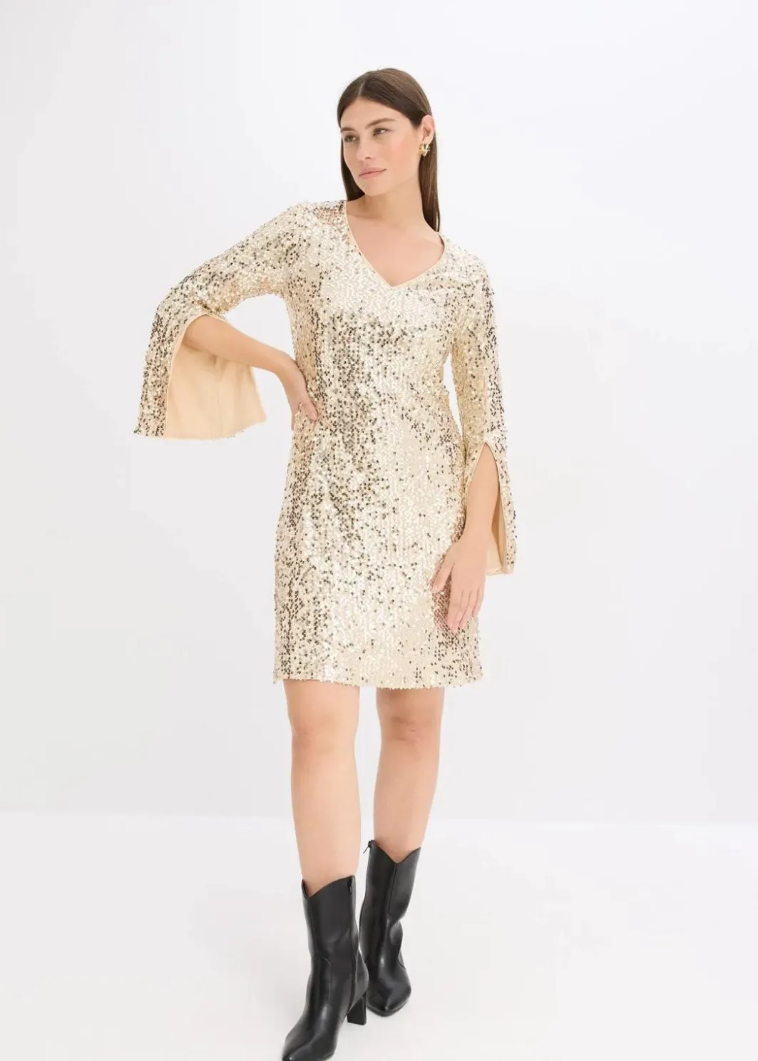 Damen bonprix Kleider|Kurzgrößen|Paillettenkleid mit Trompeten-Ärmel