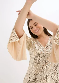 Damen bonprix Kleider|Kurzgrößen|Paillettenkleid mit Trompeten-Ärmel