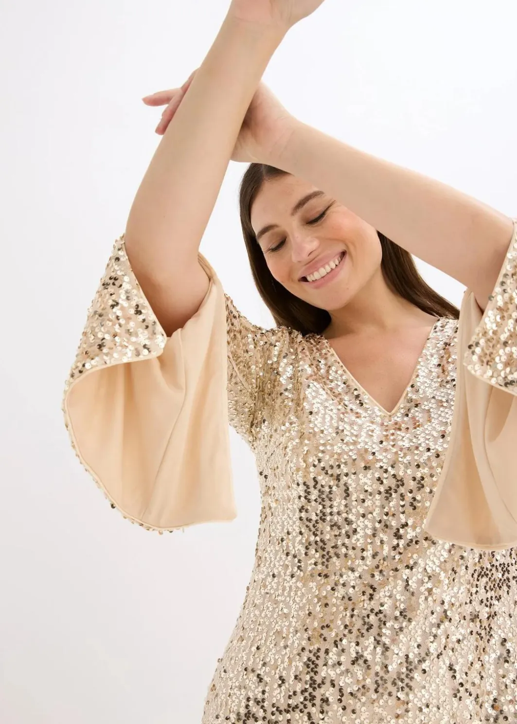 Damen bonprix Kleider|Kurzgrößen|Paillettenkleid mit Trompeten-Ärmel