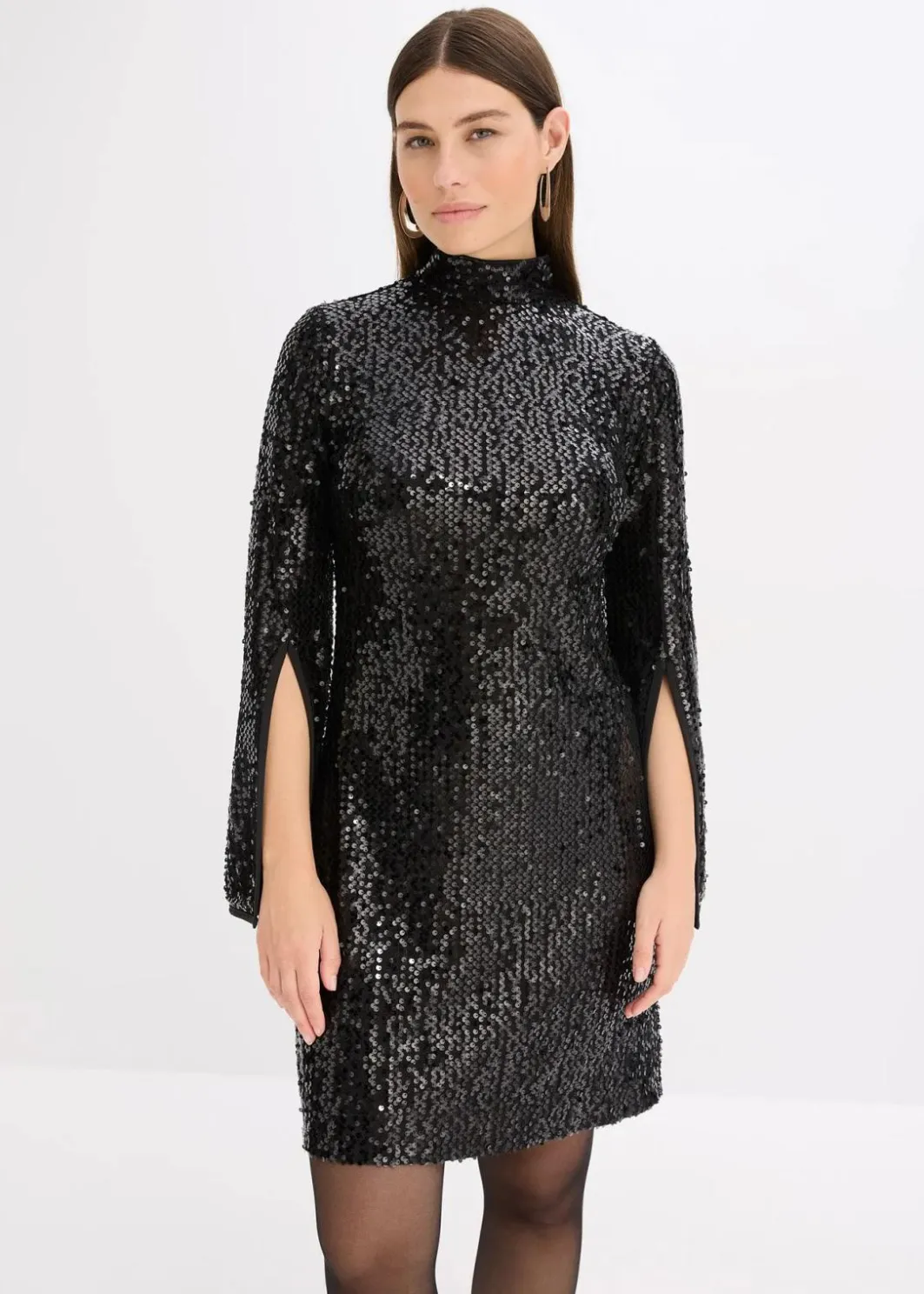 Damen bonprix Kleider|Bekleidung·Pullover & Strickjacken|Paillettenkleid mit Trompeten-Ärmel