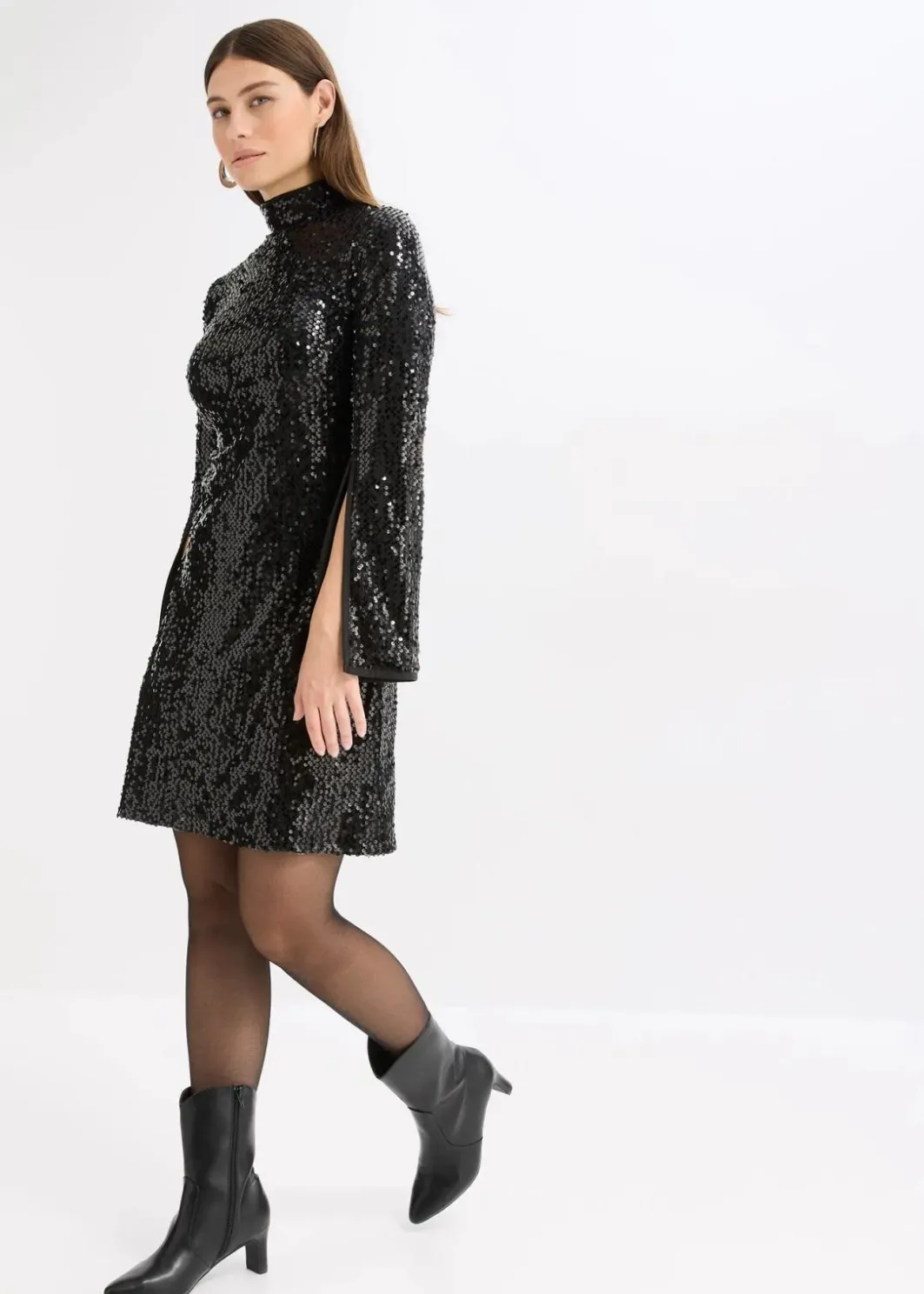 Damen bonprix Kleider|Bekleidung·Pullover & Strickjacken|Paillettenkleid mit Trompeten-Ärmel