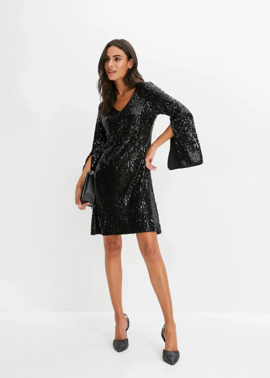 Damen bonprix Bekleidung·Pullover & Strickjacken|Kurzgrößen|Paillettenkleid mit Trompeten-Ärmel