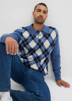 Best Polo-Pullover mit Argyle-Muster aus reiner Baumwolle Herren Große Größen|Pullover & Strickjacken