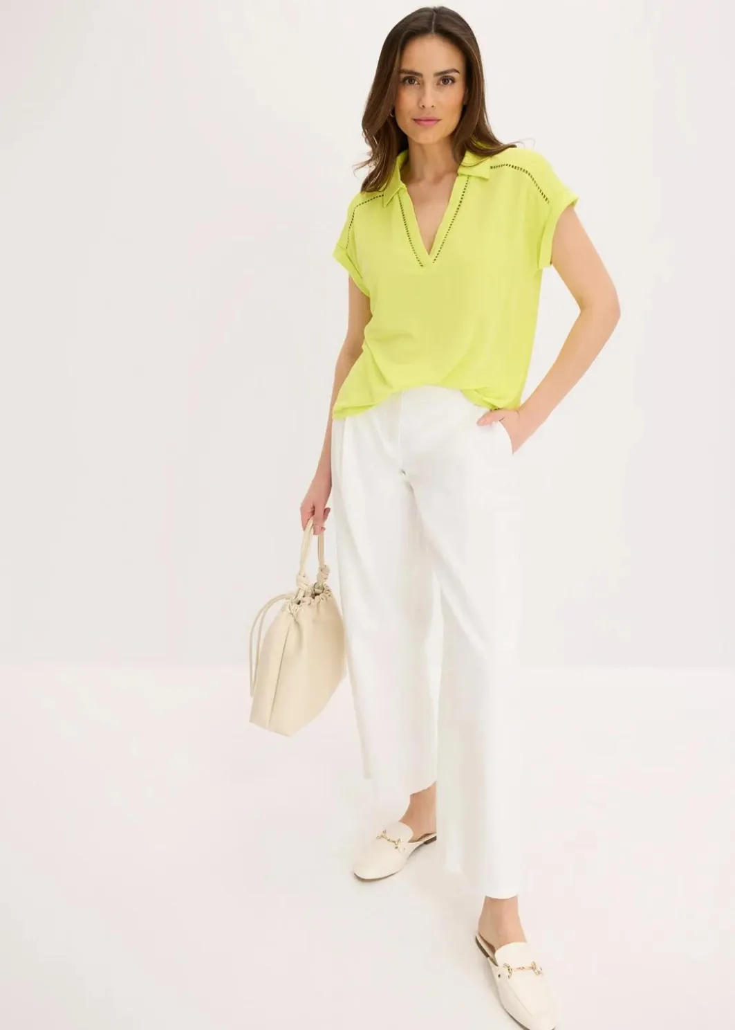 Poloshirt aus Viskose- Pique mit Spitzeneinsatz Damen Shirts & Tops