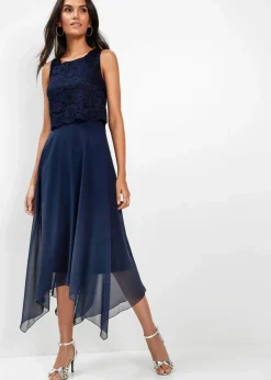 Damen bonprix Kurzgrößen|Bekleidung·Pullover & Strickjacken|Premium Chiffonkleid mit Spitze
