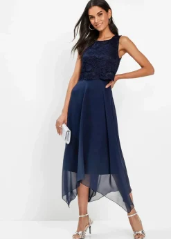 Damen bonprix Kurzgrößen|Bekleidung·Pullover & Strickjacken|Premium Chiffonkleid mit Spitze